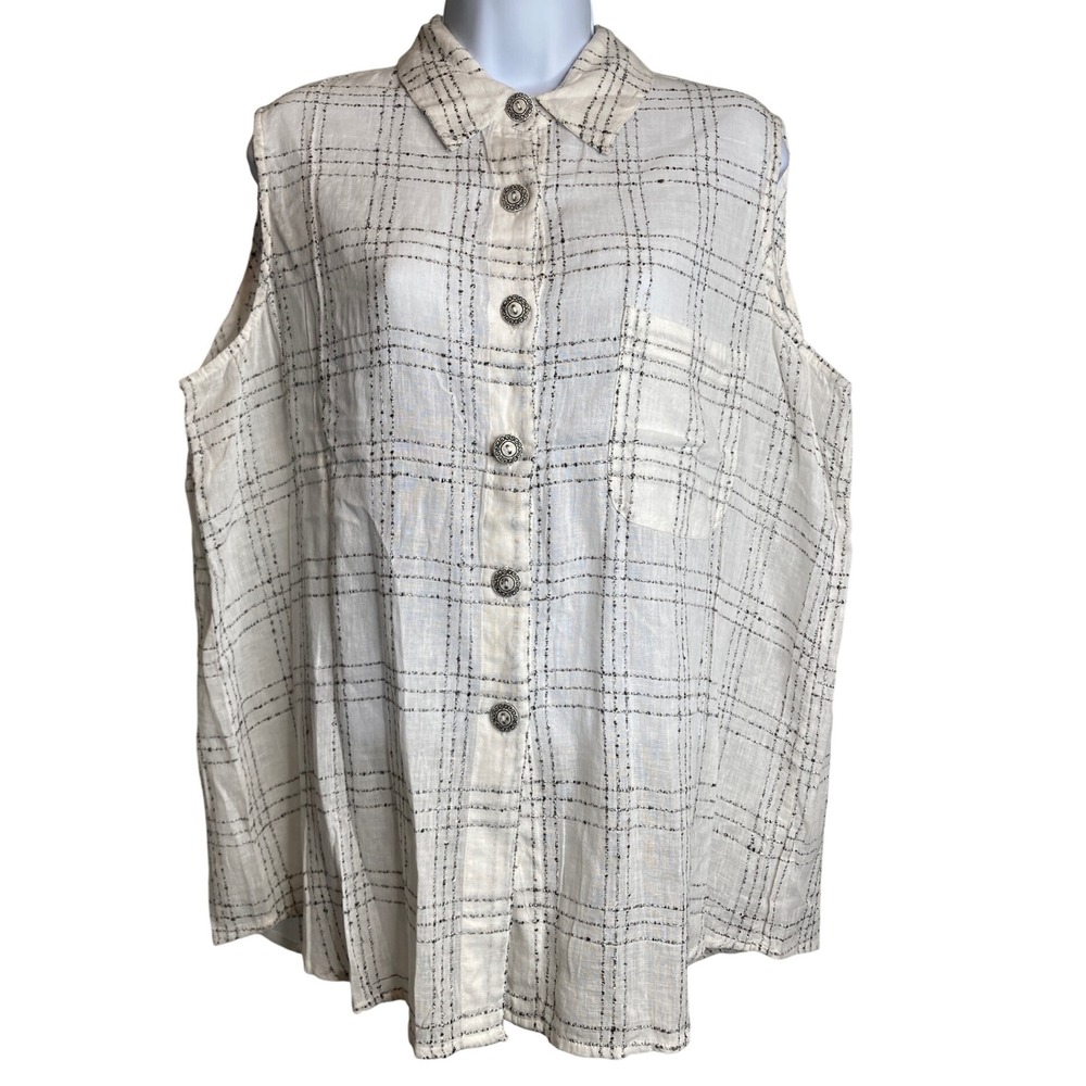 Chicos Womens Sleeveless Top Sz 2 Large Button Up Coastal Flowy‎ Effortless Boho